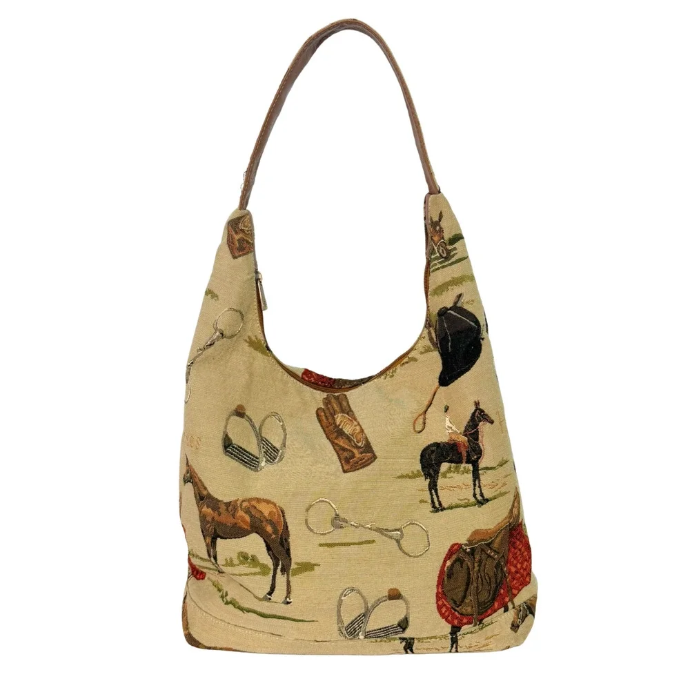 Signare Hobo Bag English Horse Riding Equestrian Print Tan Woven Tapestry Purse